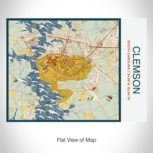 Rendered View of Clemson South Carolina Map on 20oz Stainless Steel Insulated Bottle with Bamboo Top with printed woodblock style map