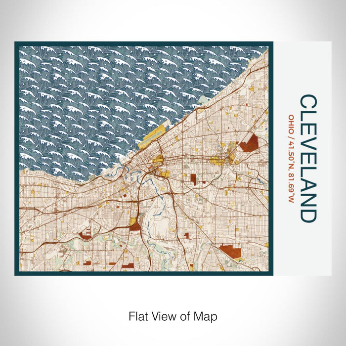 Rendered View of Cleveland Ohio Map on 20oz Stainless Steel Insulated Bottle with Bamboo Top with printed woodblock style map