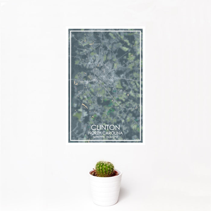 12x18 Clinton North Carolina Map Print Portrait Orientation in Afternoon Style With Small Cactus Plant in White Planter