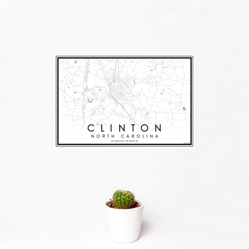 12x18 Clinton North Carolina Map Print Landscape Orientation in Classic Style With Small Cactus Plant in White Planter