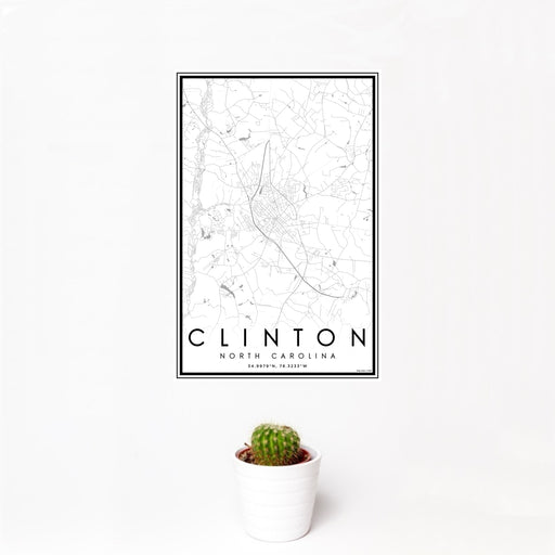 12x18 Clinton North Carolina Map Print Portrait Orientation in Classic Style With Small Cactus Plant in White Planter
