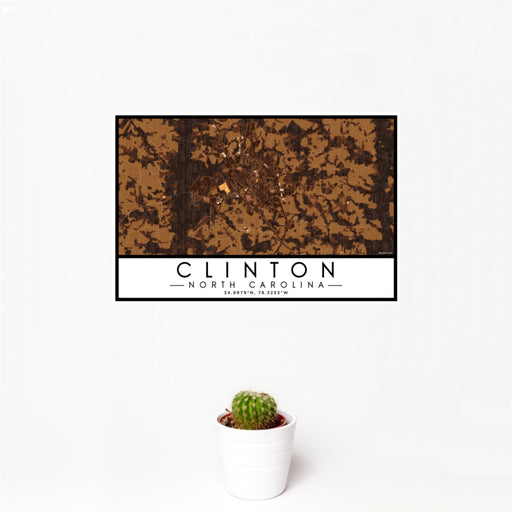 12x18 Clinton North Carolina Map Print Landscape Orientation in Ember Style With Small Cactus Plant in White Planter