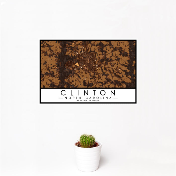 12x18 Clinton North Carolina Map Print Landscape Orientation in Ember Style With Small Cactus Plant in White Planter