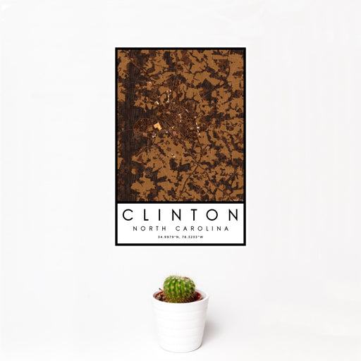 12x18 Clinton North Carolina Map Print Portrait Orientation in Ember Style With Small Cactus Plant in White Planter