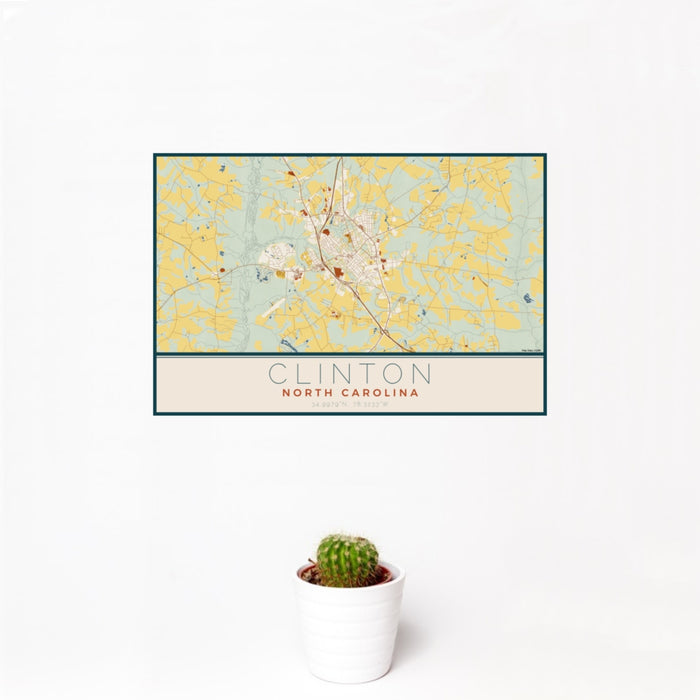 12x18 Clinton North Carolina Map Print Landscape Orientation in Woodblock Style With Small Cactus Plant in White Planter