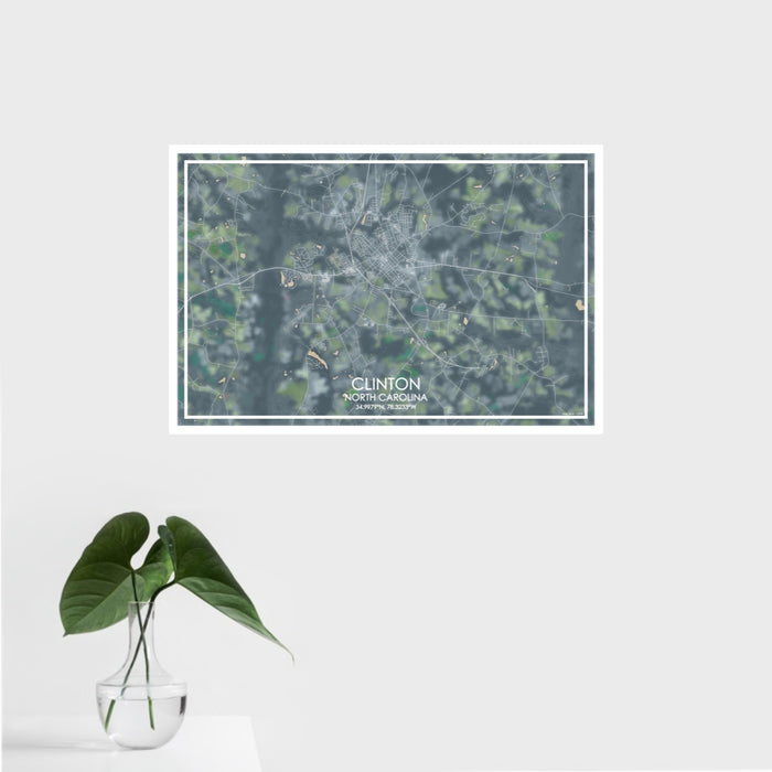 16x24 Clinton North Carolina Map Print Landscape Orientation in Afternoon Style With Tropical Plant Leaves in Water