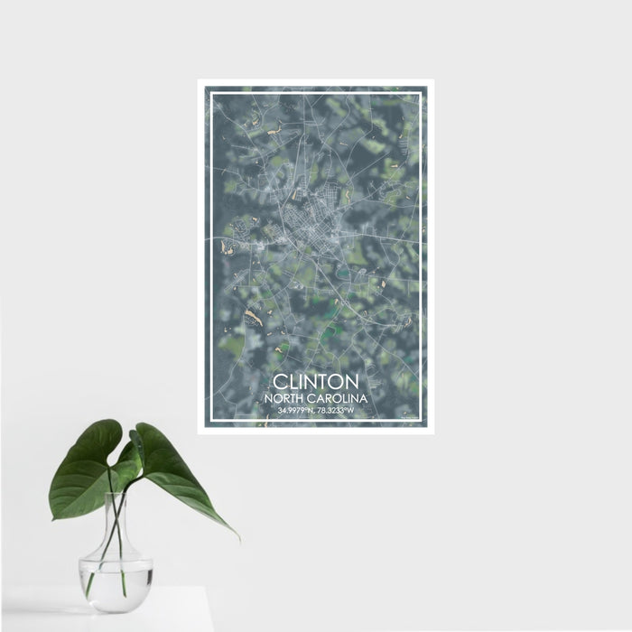 16x24 Clinton North Carolina Map Print Portrait Orientation in Afternoon Style With Tropical Plant Leaves in Water