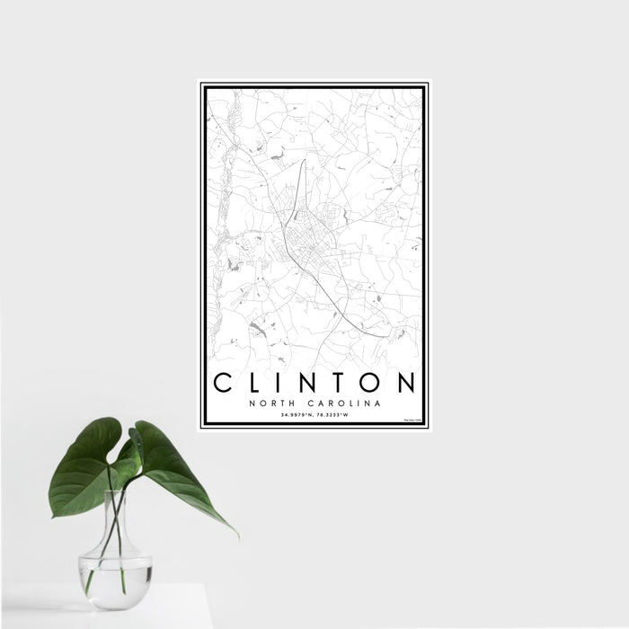 16x24 Clinton North Carolina Map Print Portrait Orientation in Classic Style With Tropical Plant Leaves in Water
