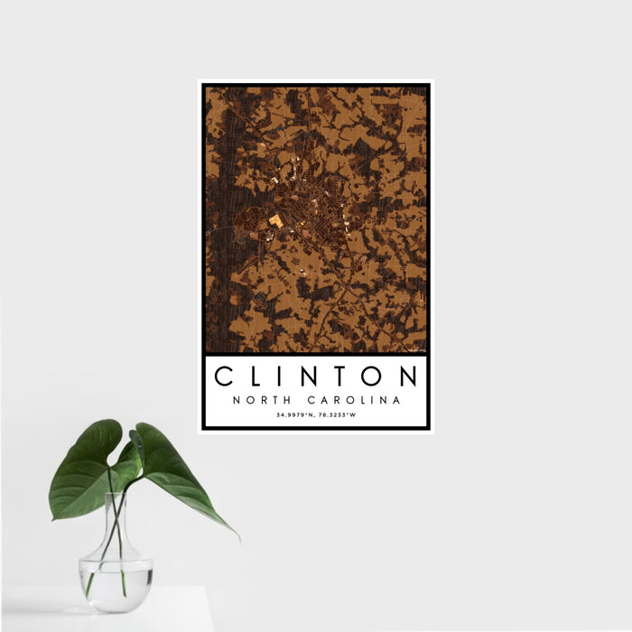 16x24 Clinton North Carolina Map Print Portrait Orientation in Ember Style With Tropical Plant Leaves in Water