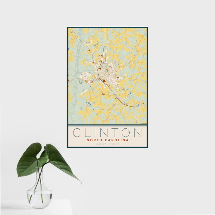 16x24 Clinton North Carolina Map Print Portrait Orientation in Woodblock Style With Tropical Plant Leaves in Water