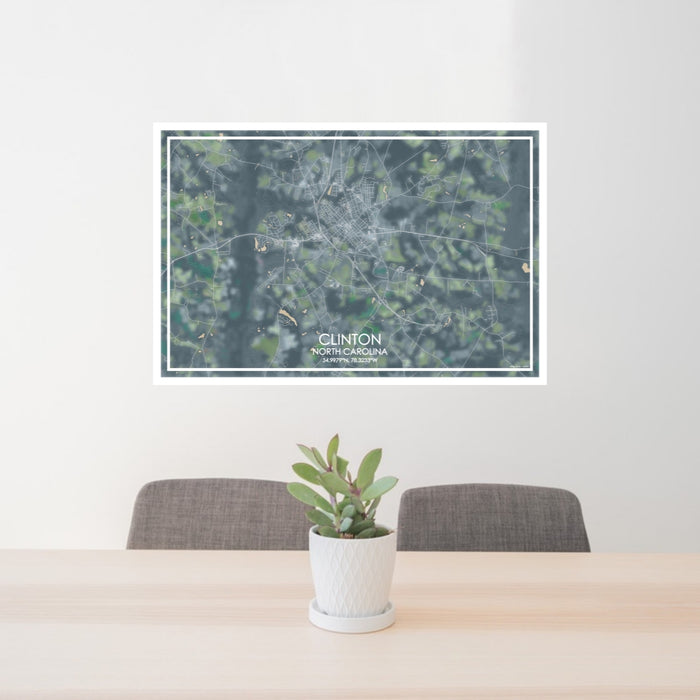 24x36 Clinton North Carolina Map Print Lanscape Orientation in Afternoon Style Behind 2 Chairs Table and Potted Plant