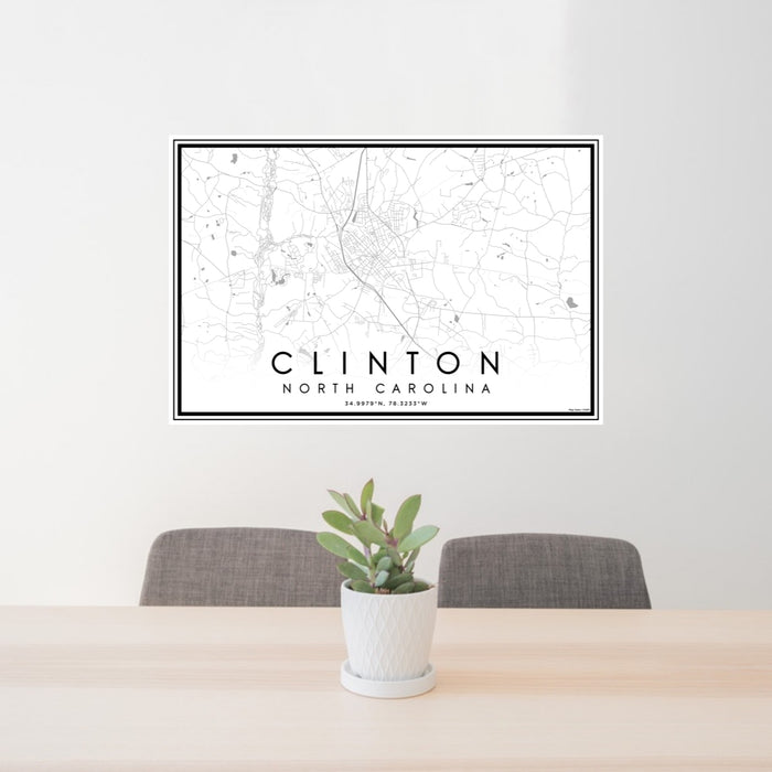 24x36 Clinton North Carolina Map Print Lanscape Orientation in Classic Style Behind 2 Chairs Table and Potted Plant