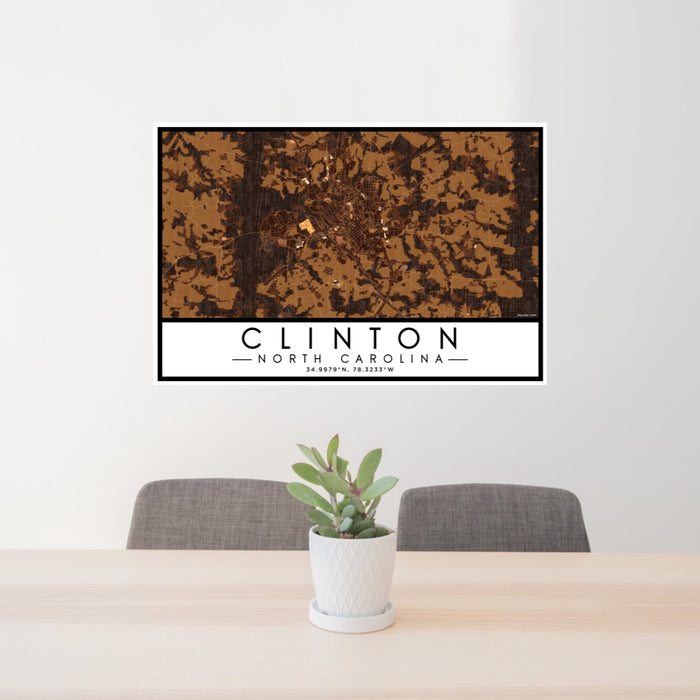 24x36 Clinton North Carolina Map Print Lanscape Orientation in Ember Style Behind 2 Chairs Table and Potted Plant