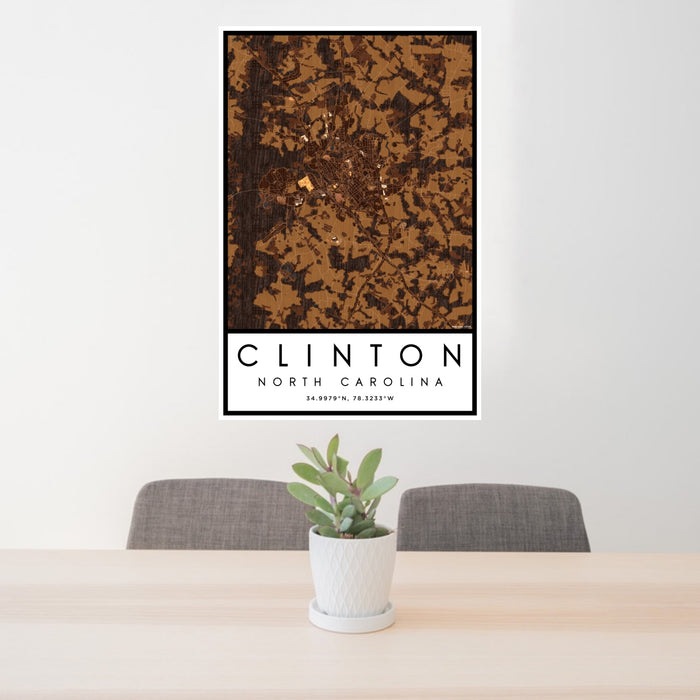 24x36 Clinton North Carolina Map Print Portrait Orientation in Ember Style Behind 2 Chairs Table and Potted Plant