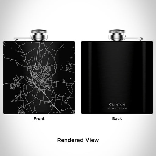 Rendered View of Clinton North Carolina Map Engraving on 6oz Stainless Steel Flask in Black