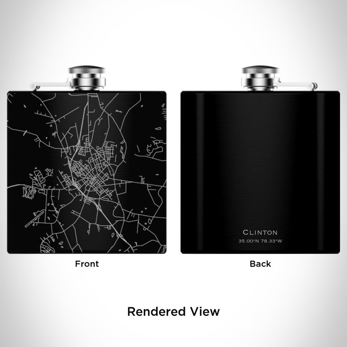 Rendered View of Clinton North Carolina Map Engraving on 6oz Stainless Steel Flask in Black