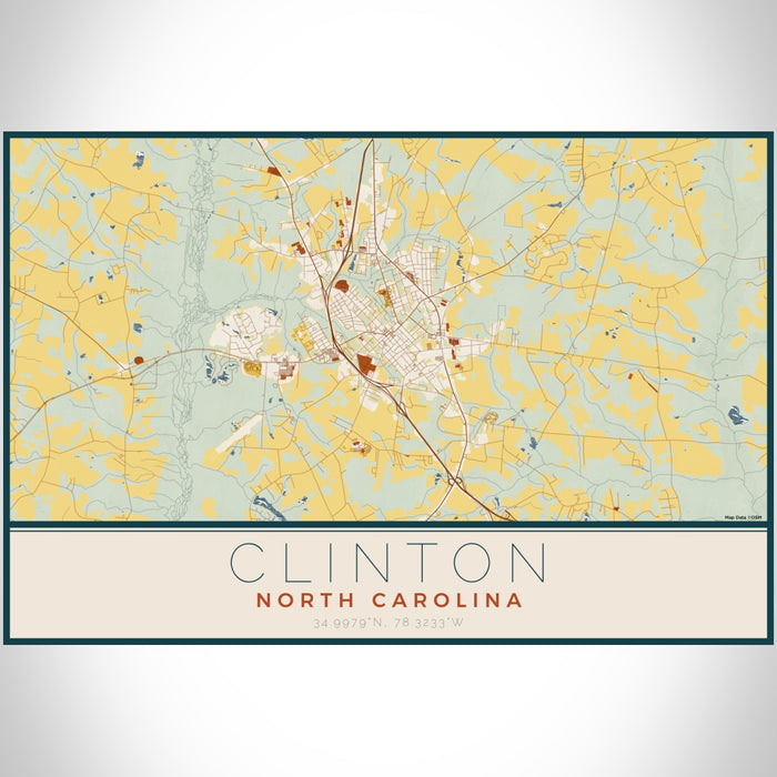 Clinton North Carolina Map Print Landscape Orientation in Woodblock Style With Shaded Background