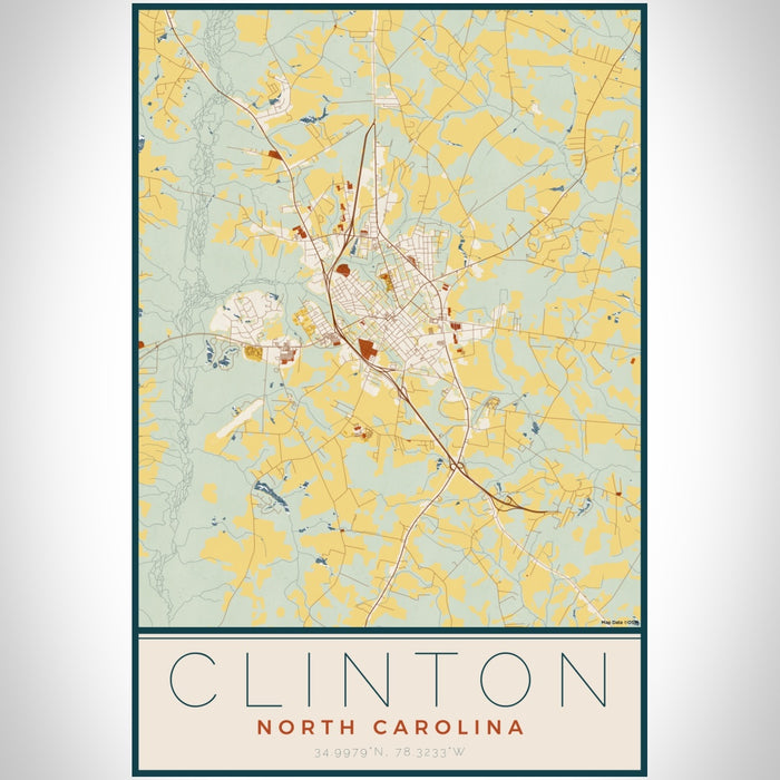 Clinton North Carolina Map Print Portrait Orientation in Woodblock Style With Shaded Background