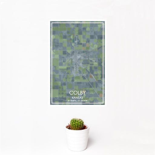 12x18 Colby Kansas Map Print Portrait Orientation in Afternoon Style With Small Cactus Plant in White Planter
