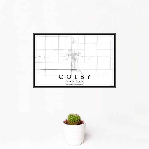 12x18 Colby Kansas Map Print Landscape Orientation in Classic Style With Small Cactus Plant in White Planter