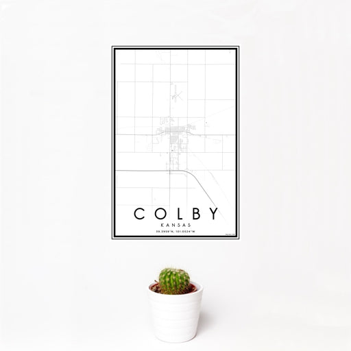 12x18 Colby Kansas Map Print Portrait Orientation in Classic Style With Small Cactus Plant in White Planter