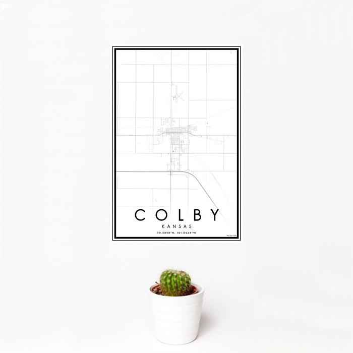12x18 Colby Kansas Map Print Portrait Orientation in Classic Style With Small Cactus Plant in White Planter