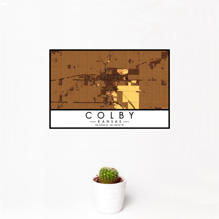 12x18 Colby Kansas Map Print Landscape Orientation in Ember Style With Small Cactus Plant in White Planter