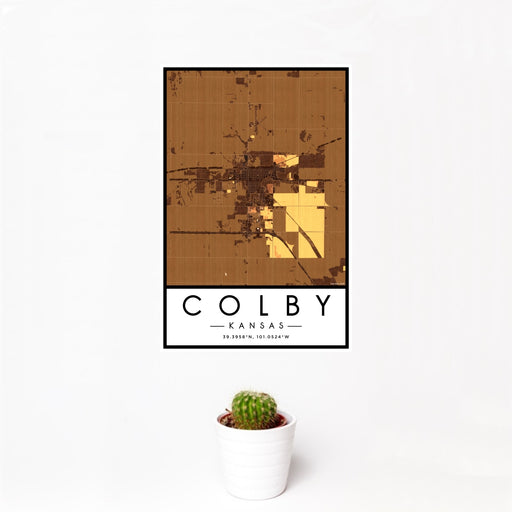 12x18 Colby Kansas Map Print Portrait Orientation in Ember Style With Small Cactus Plant in White Planter