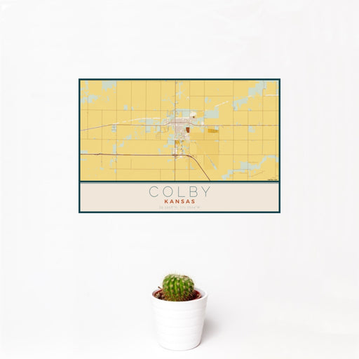 12x18 Colby Kansas Map Print Landscape Orientation in Woodblock Style With Small Cactus Plant in White Planter