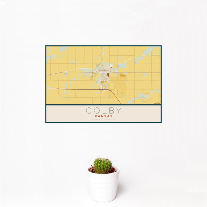 12x18 Colby Kansas Map Print Landscape Orientation in Woodblock Style With Small Cactus Plant in White Planter