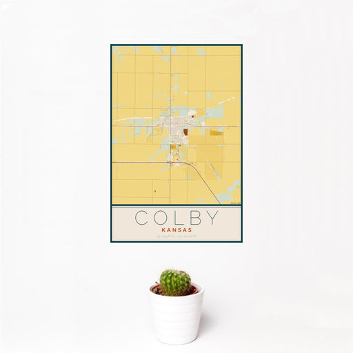 12x18 Colby Kansas Map Print Portrait Orientation in Woodblock Style With Small Cactus Plant in White Planter