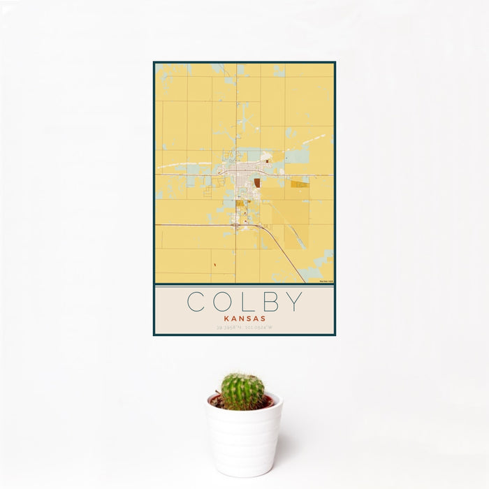 12x18 Colby Kansas Map Print Portrait Orientation in Woodblock Style With Small Cactus Plant in White Planter