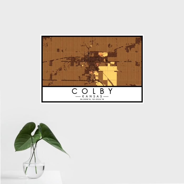 16x24 Colby Kansas Map Print Landscape Orientation in Ember Style With Tropical Plant Leaves in Water