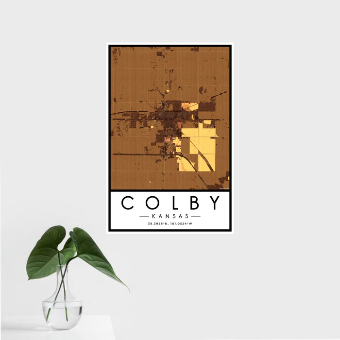 16x24 Colby Kansas Map Print Portrait Orientation in Ember Style With Tropical Plant Leaves in Water