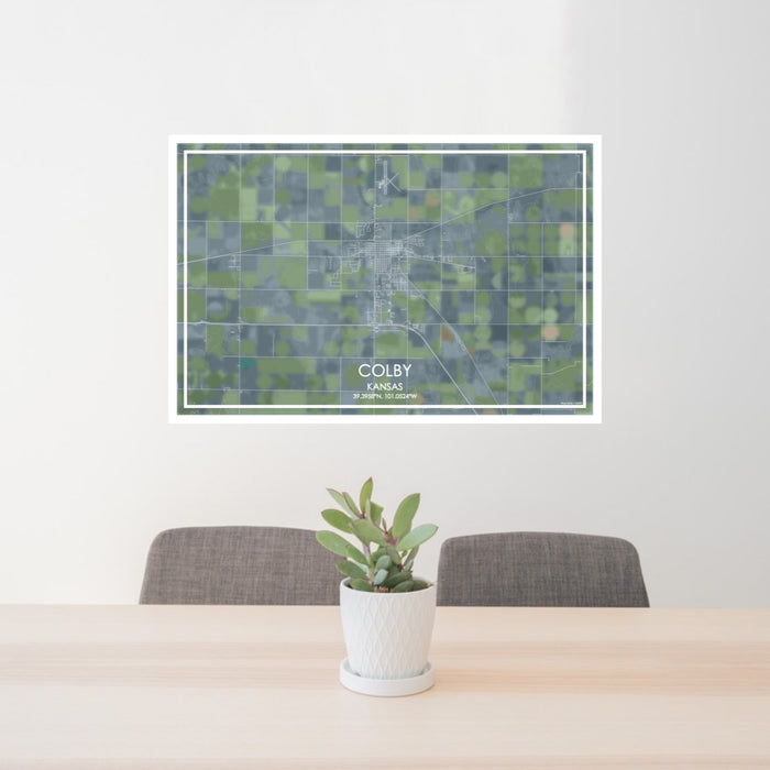 24x36 Colby Kansas Map Print Lanscape Orientation in Afternoon Style Behind 2 Chairs Table and Potted Plant