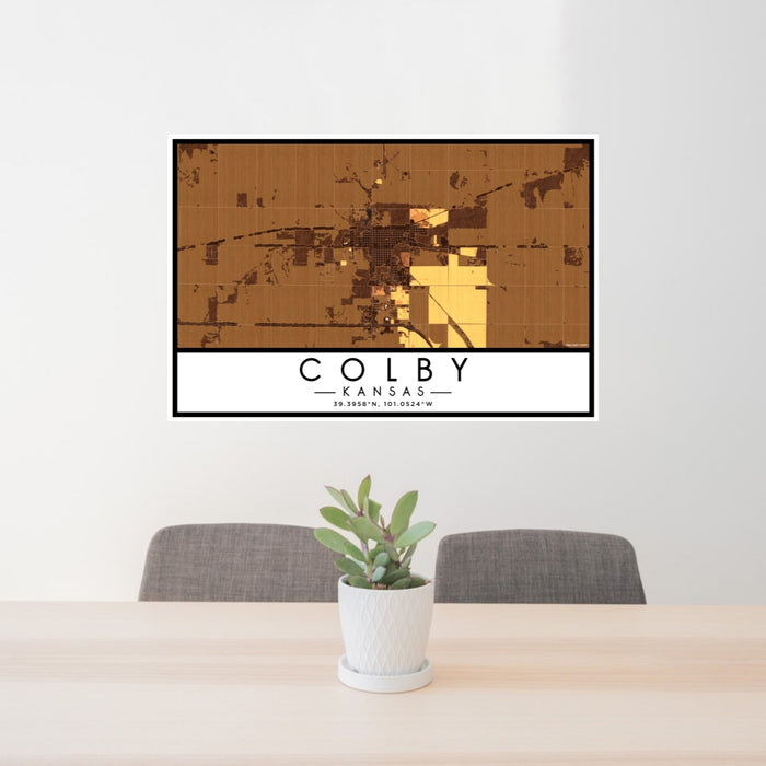 24x36 Colby Kansas Map Print Lanscape Orientation in Ember Style Behind 2 Chairs Table and Potted Plant