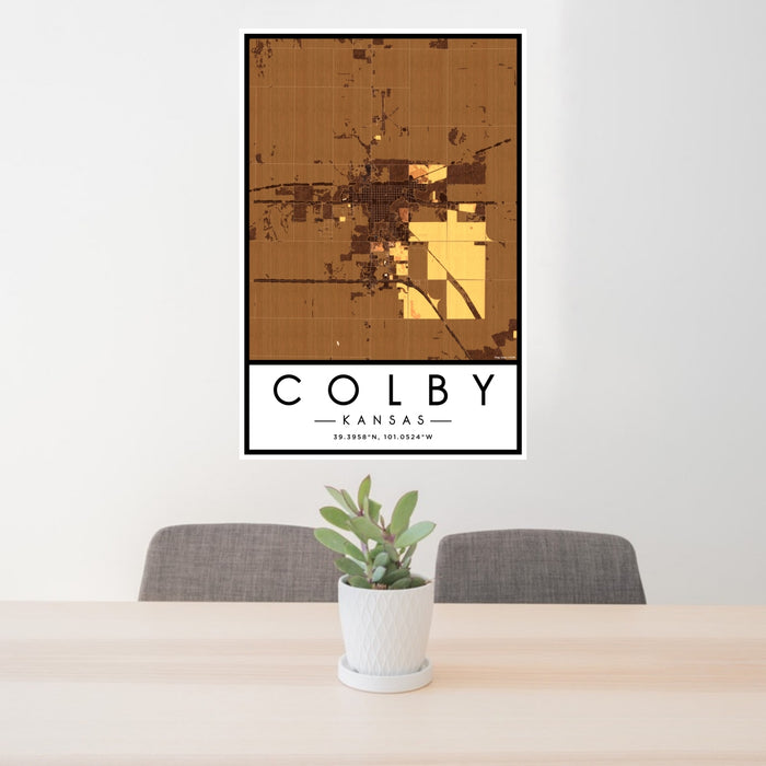 24x36 Colby Kansas Map Print Portrait Orientation in Ember Style Behind 2 Chairs Table and Potted Plant