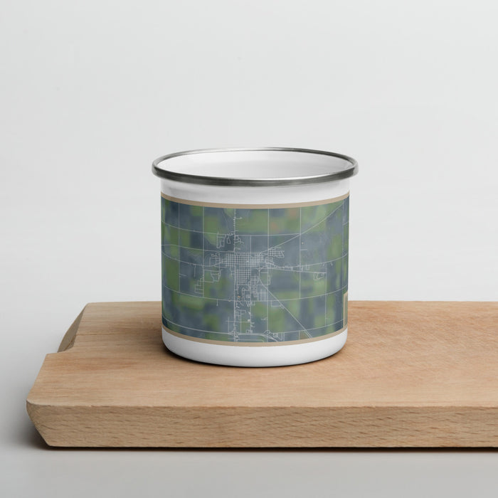 Front View Custom Colby Kansas Map Enamel Mug in Afternoon on Cutting Board