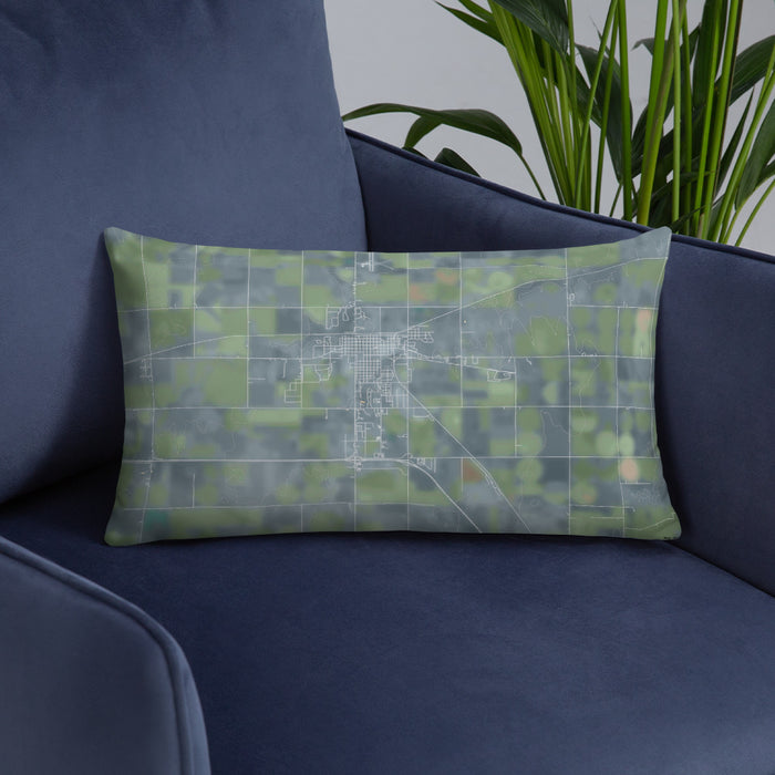 Custom Colby Kansas Map Throw Pillow in Afternoon on Blue Colored Chair