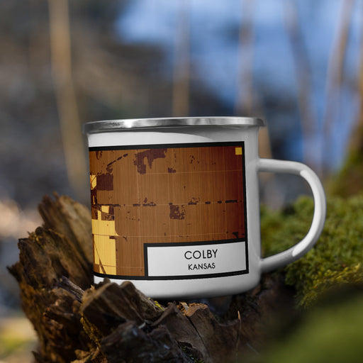 Right View Custom Colby Kansas Map Enamel Mug in Ember on Grass With Trees in Background