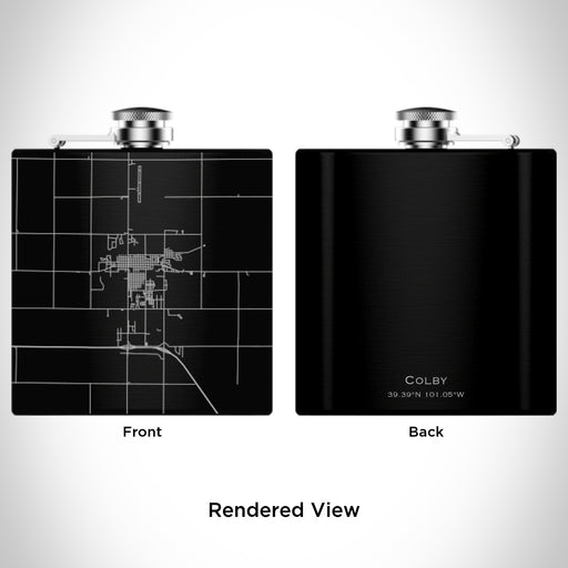Rendered View of Colby Kansas Map Engraving on 6oz Stainless Steel Flask in Black