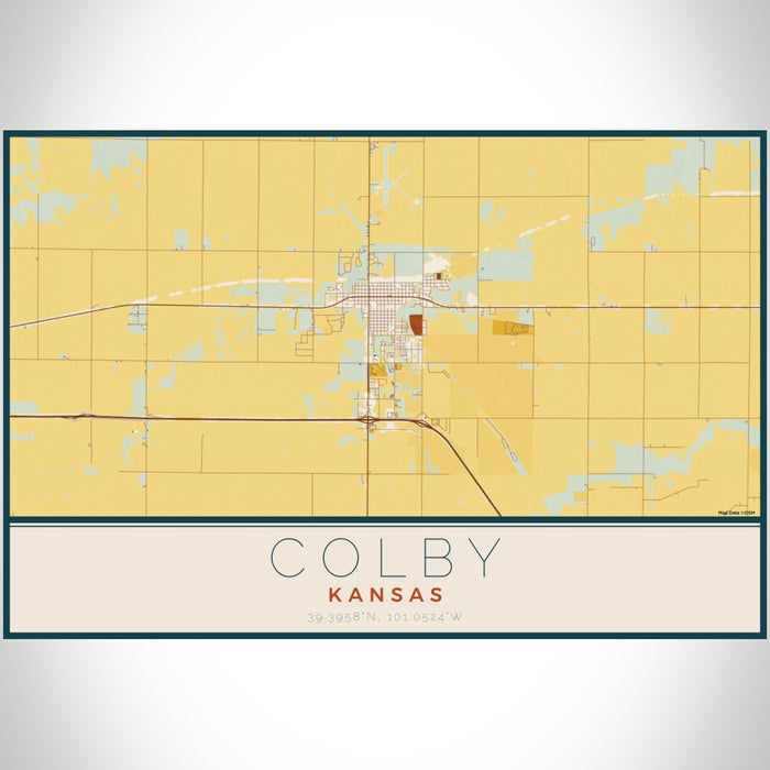 Colby Kansas Map Print Landscape Orientation in Woodblock Style With Shaded Background
