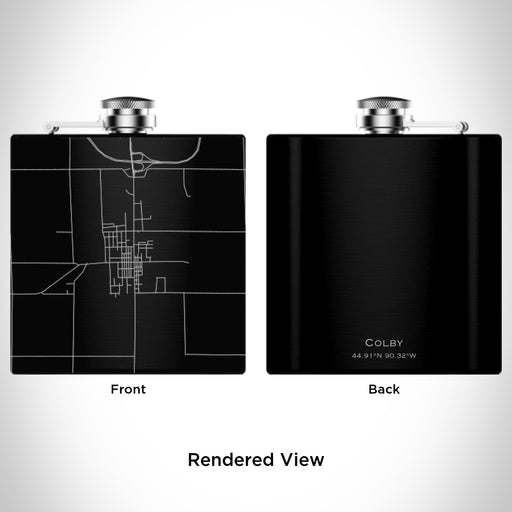 Rendered View of Colby Wisconsin Map Engraving on 6oz Stainless Steel Flask in Black