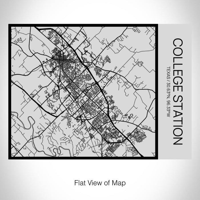 Rendered View of College Station Texas Map on 20oz Stainless Steel Insulated Bottle with Bamboo Top with printed Tactile Lines Map in Black