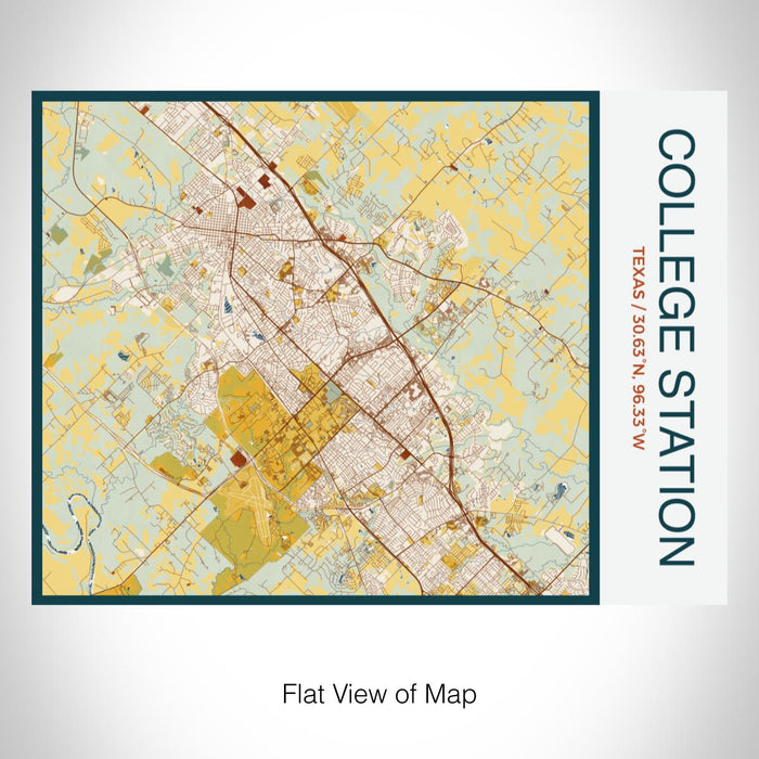 Rendered View of College Station Texas Map on 20oz Stainless Steel Insulated Bottle with Bamboo Top with printed woodblock style map