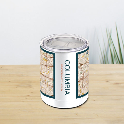 Columbia Missouri Custom City Map Inscription Coordinates on 10oz Stainless Steel Insulated Cup in Woodblock with Sliding Lid