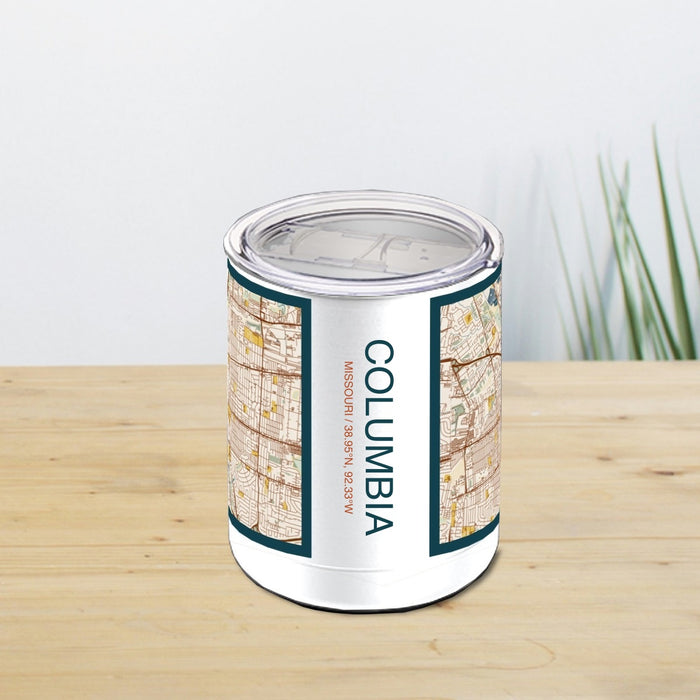 Columbia Missouri Custom City Map Inscription Coordinates on 10oz Stainless Steel Insulated Cup in Woodblock with Sliding Lid