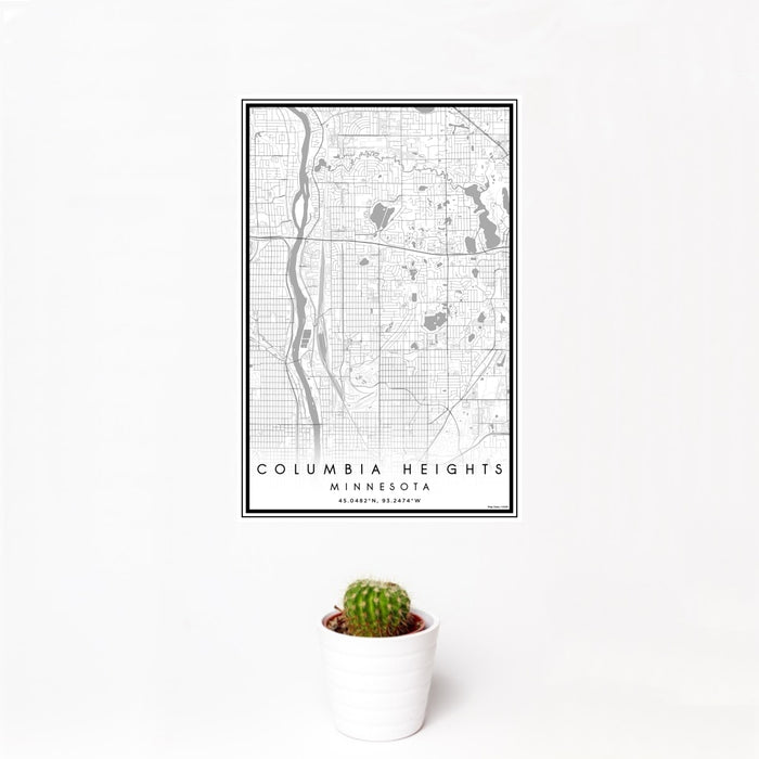 12x18 Columbia Heights Minnesota Map Print Portrait Orientation in Classic Style With Small Cactus Plant in White Planter