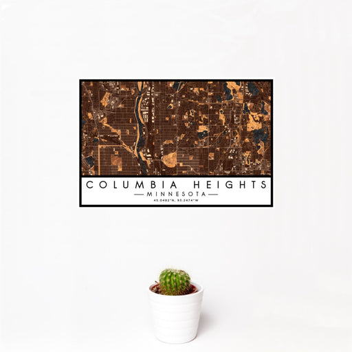 12x18 Columbia Heights Minnesota Map Print Landscape Orientation in Ember Style With Small Cactus Plant in White Planter