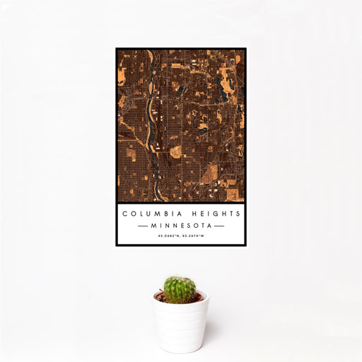 12x18 Columbia Heights Minnesota Map Print Portrait Orientation in Ember Style With Small Cactus Plant in White Planter